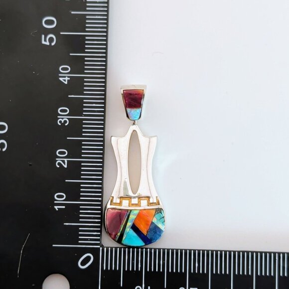 Navajo Wedding Vase Style Sterling Silver & Multicolor Inlay Pendant - Picture 3 of 10